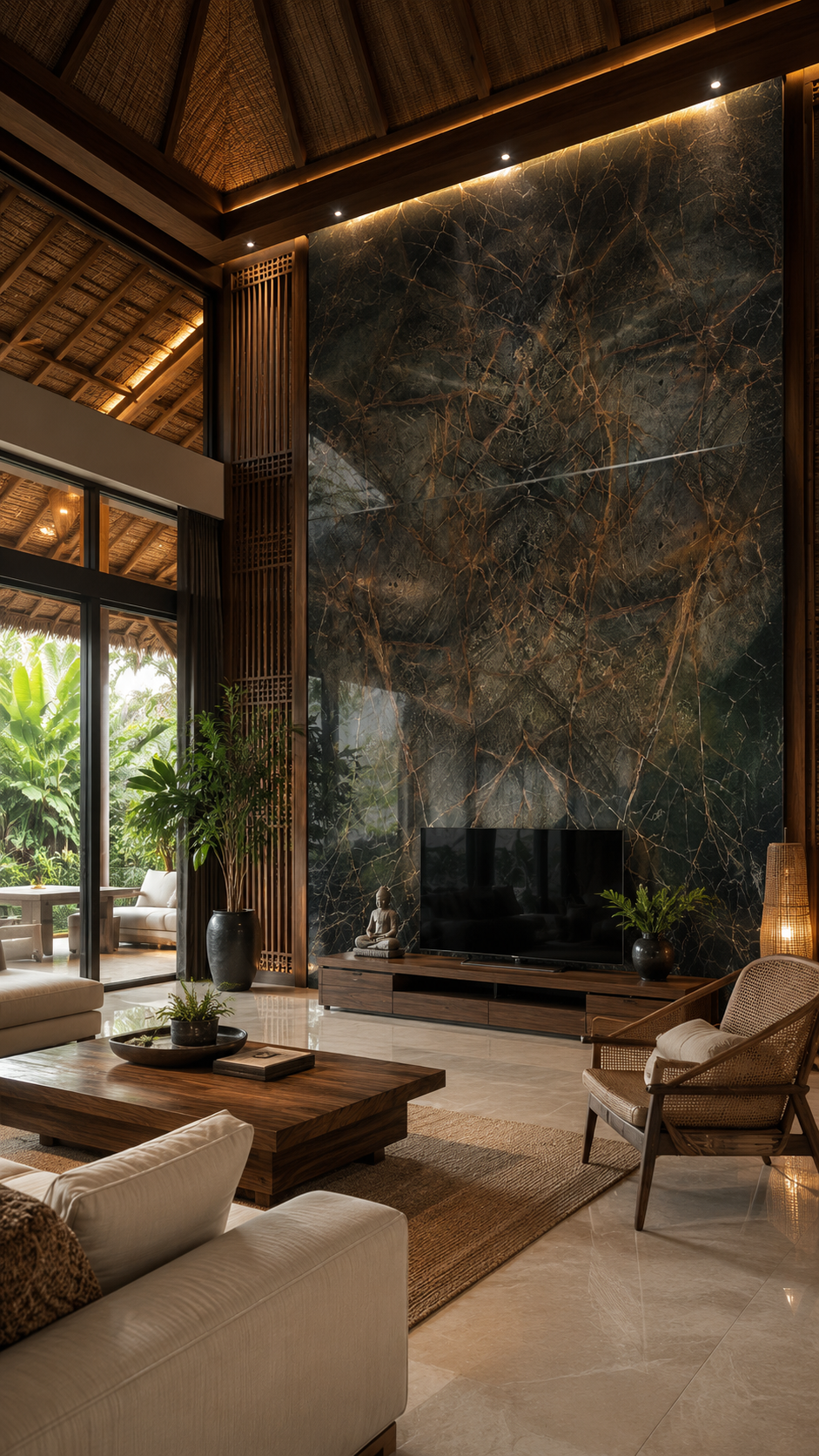 Dramatic dark marble feature wall
